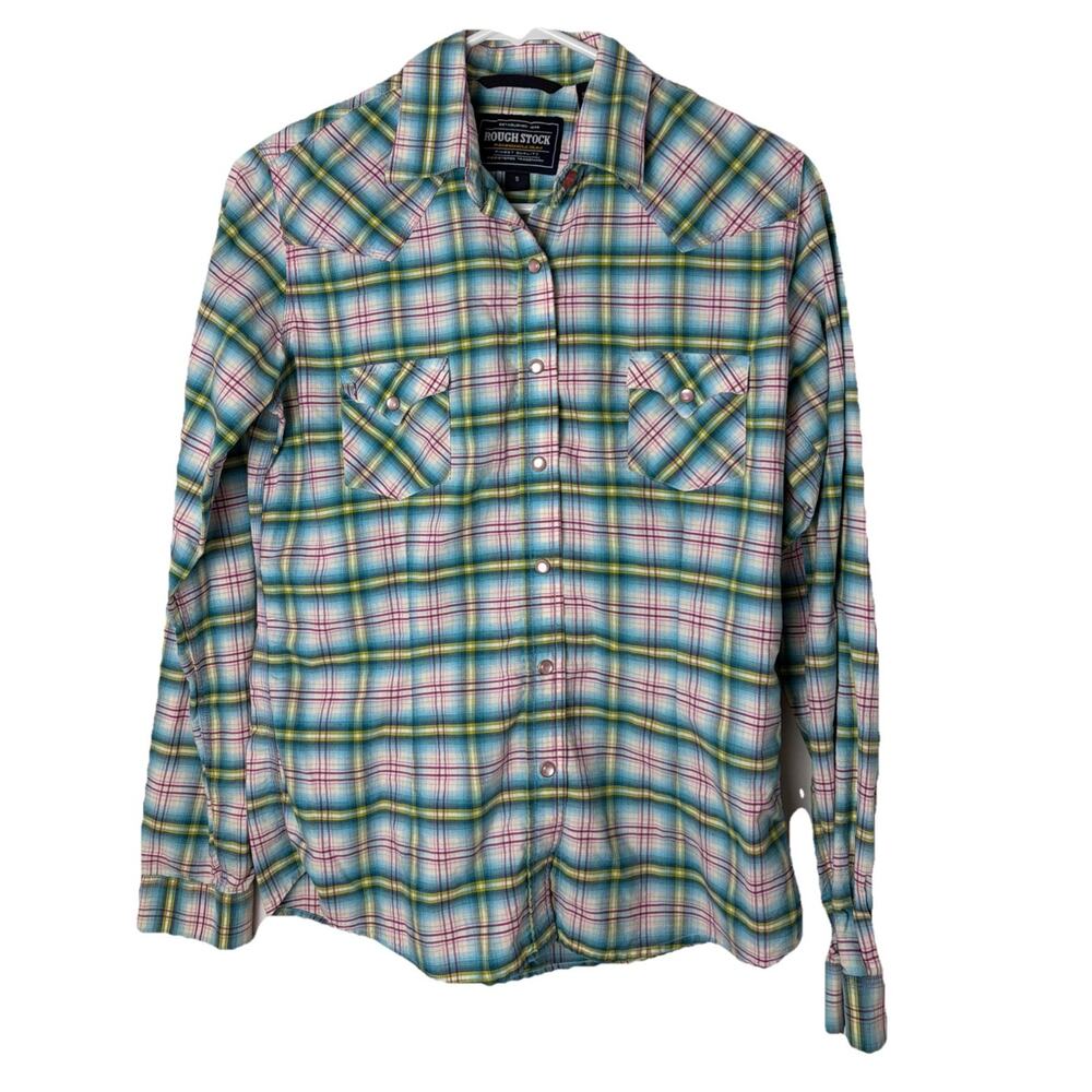 Rough Stock Panhandle Slim Pink Green Plaid Pearl Snap  Shirt Women’s Size Small